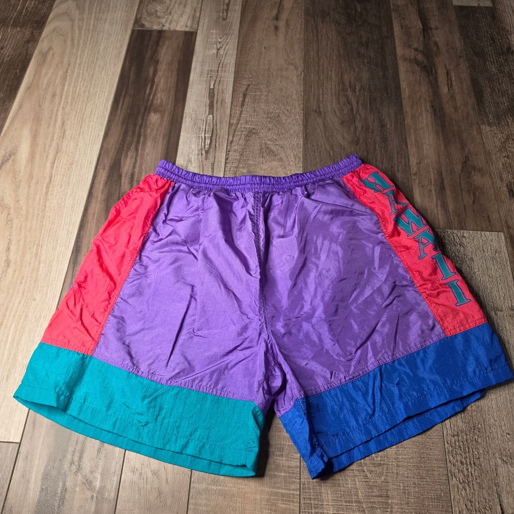 Vintage 90s Sea Waves Hawaii Colorblock Nylon Swim Trunks Surf Shorts Sz XL